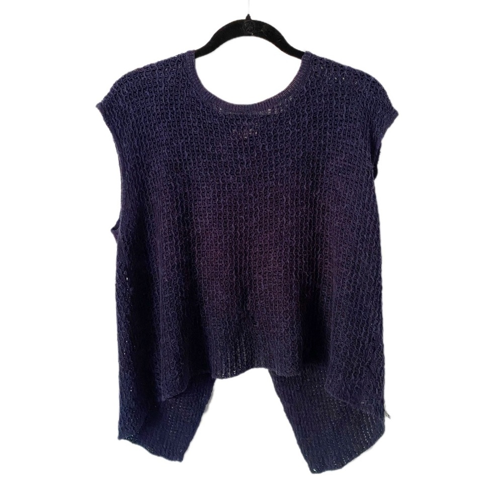 Eileen Fisher Crochet Knit Split Back Top Organic Linen Cotton Blend - Navy Blue